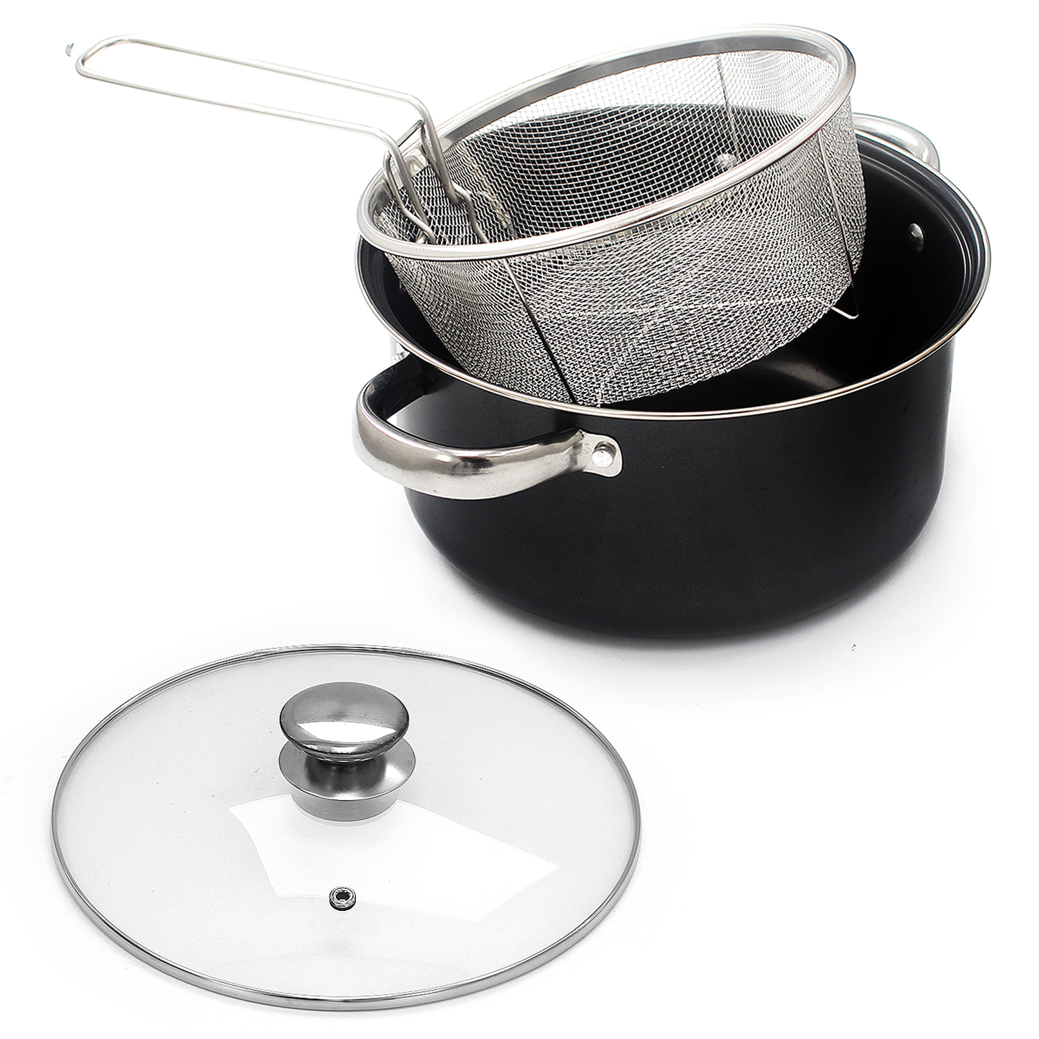 Black Chip Pan 4in1 Stove Deep Fat Fry Fryer Stew Frying Basket Glass Lid Bake eBay