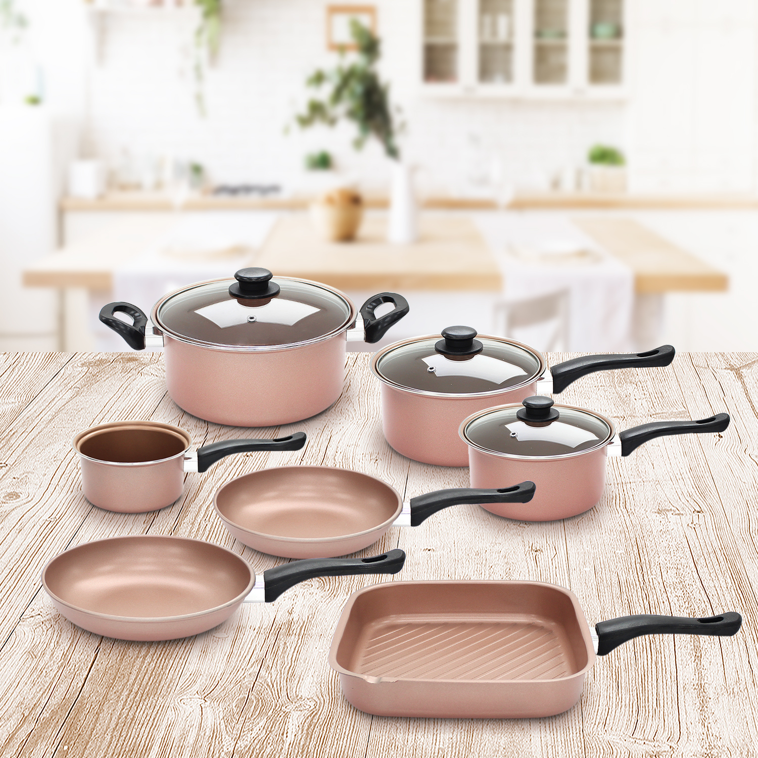 10 Piece Saucepan Set Cookware Pan Rose Gold Stainless Steel Non Stick