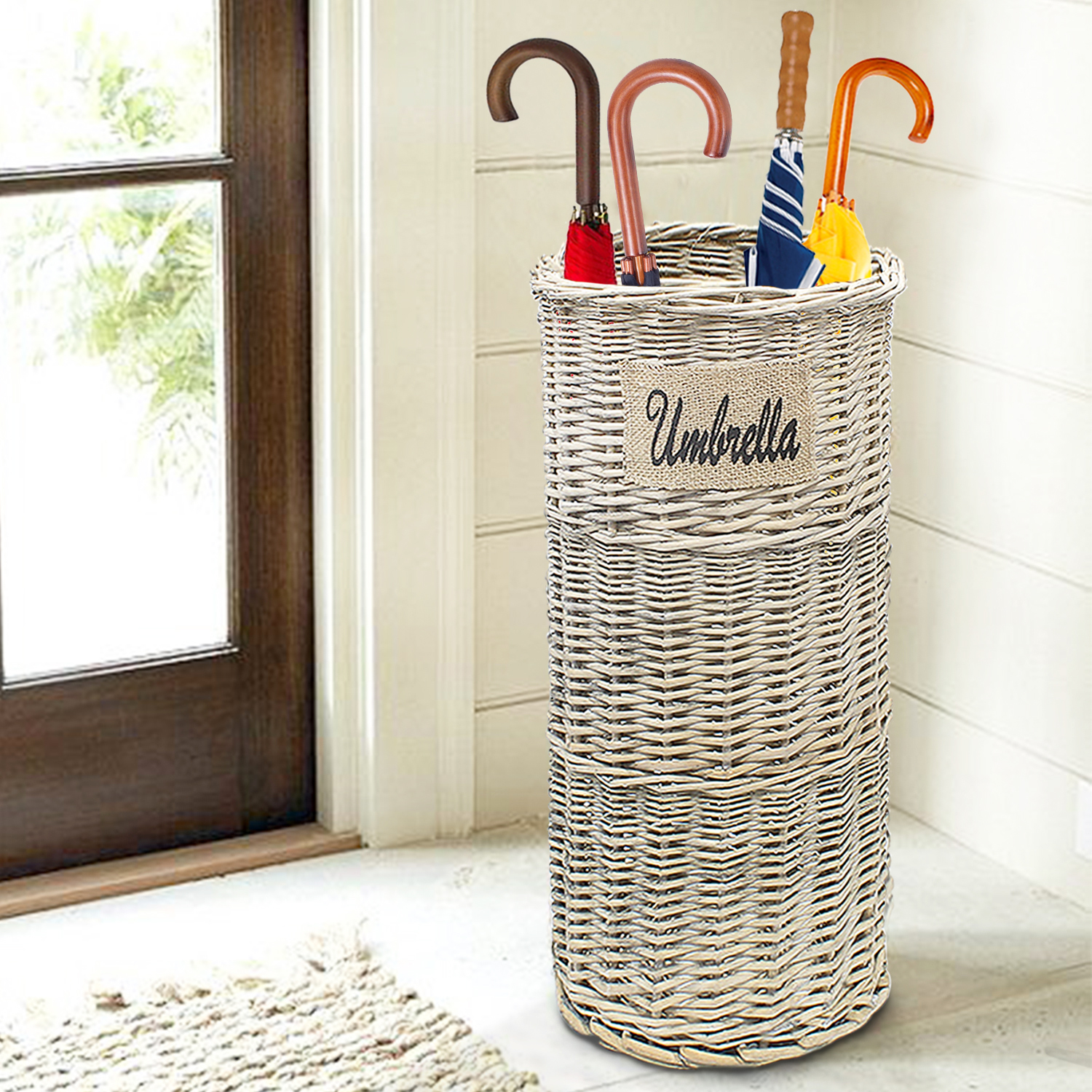 Rattan Umbrella Rack Stand Wicker Basket Holder Bin Brolly Storage