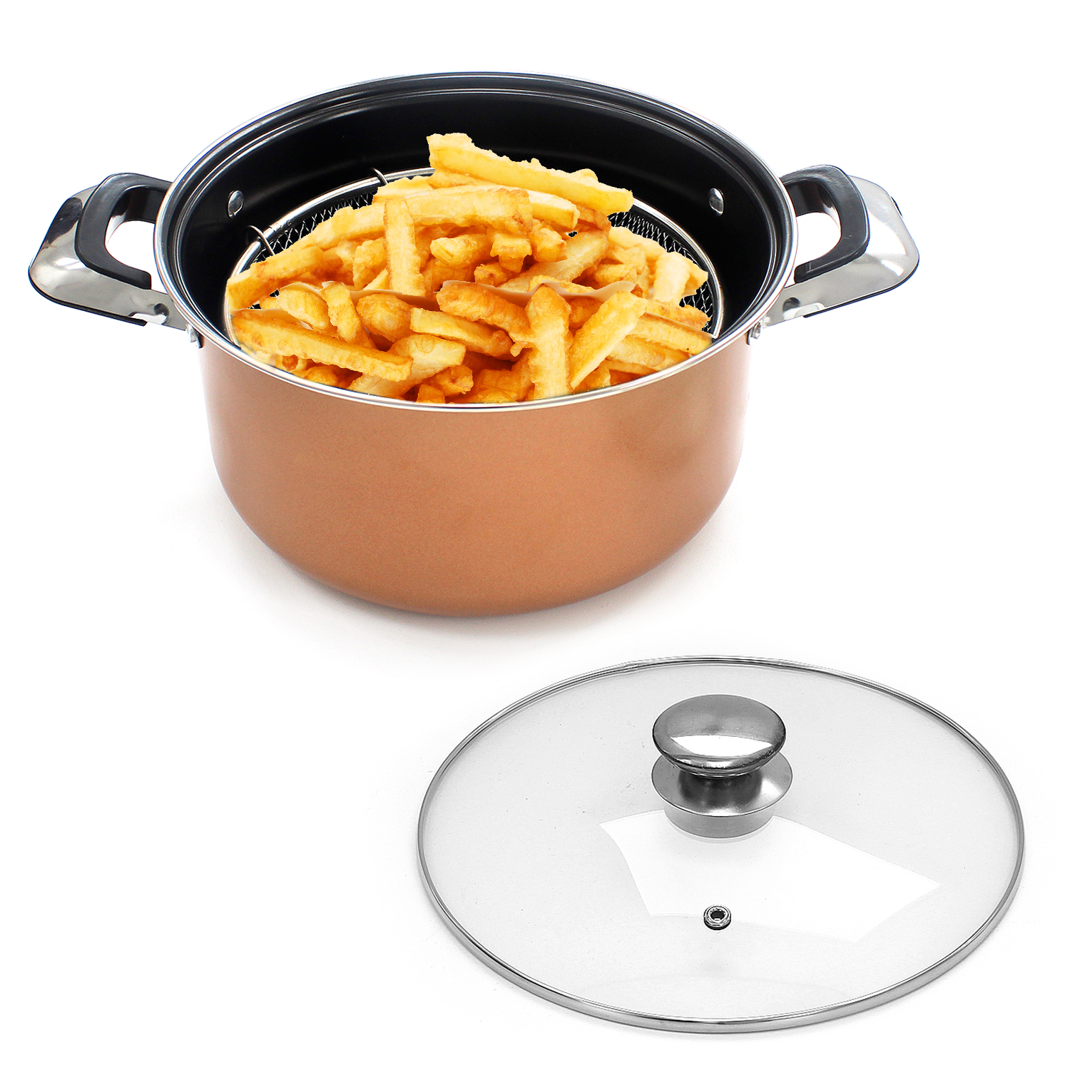 24cm Deep Fat Fryer Non Stick Chip Pan Casserole Pot Fry Frying Basket