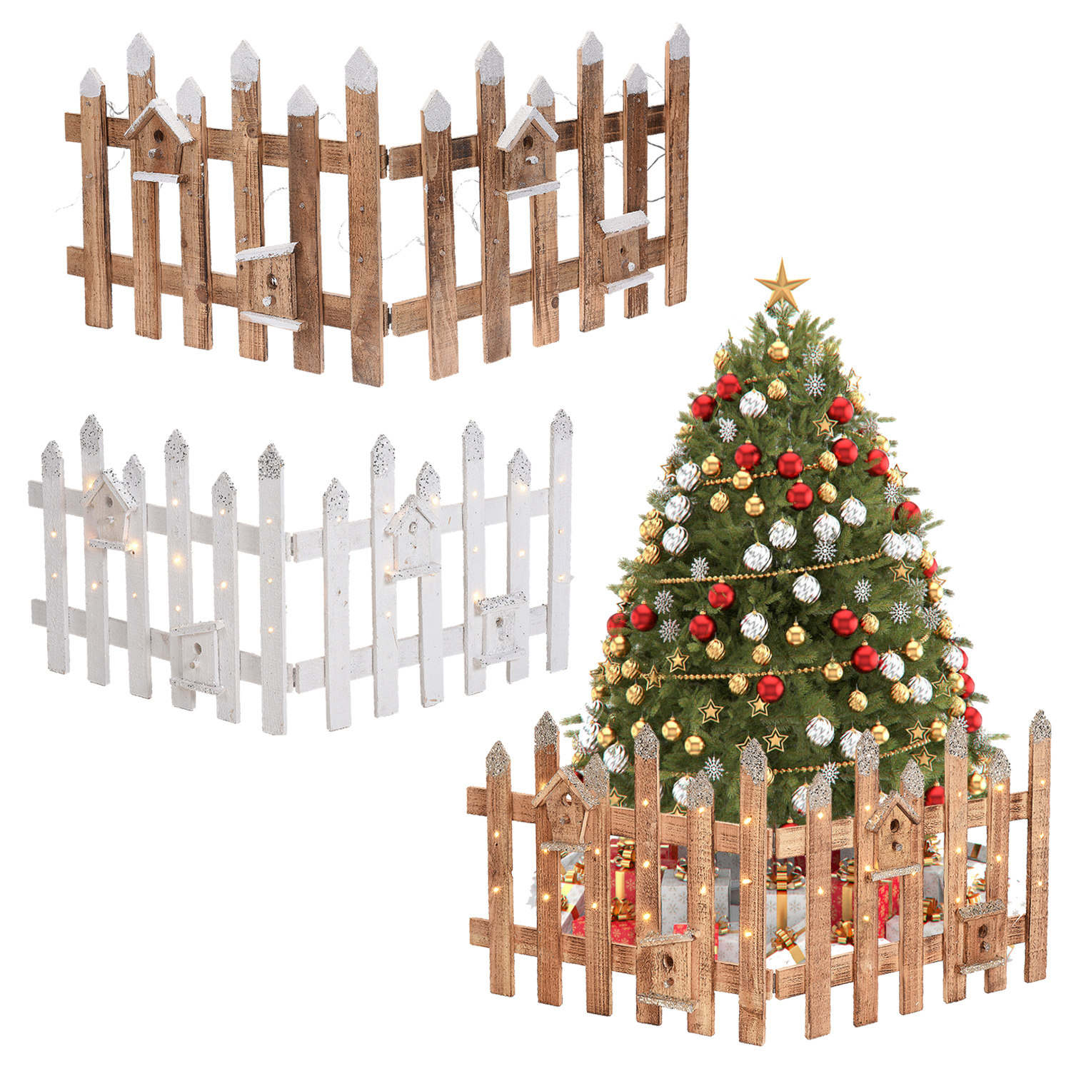 Rustic Wooden Snow Fence 30 LED Lights Christmas Xmas Tree Skirt Stand Cover NEW