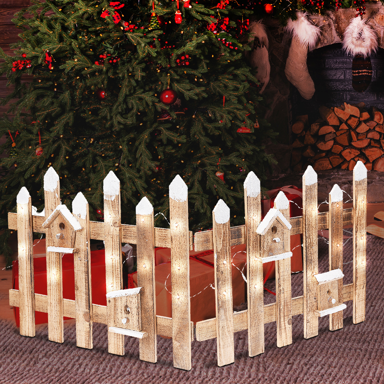Rustic Wooden Snow Fence 30 LED Lights Christmas Xmas Tree Skirt Stand Cover NEW