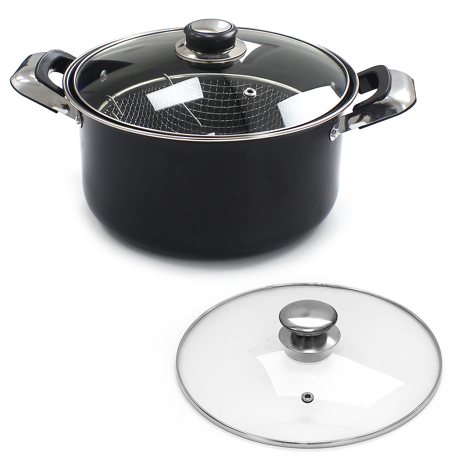 Chip Pan 24cm Deep Fat Fryer Non Stick Casserole Pot Fry Glass Lid