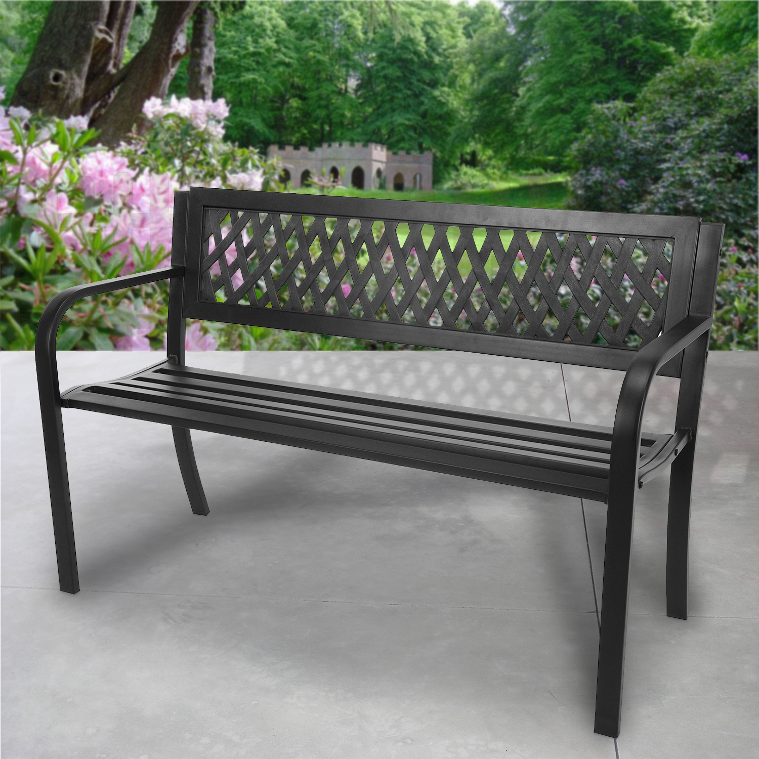 3 Seater Garden Bench Steel Outdoor Patio Metal Seat Park Seating