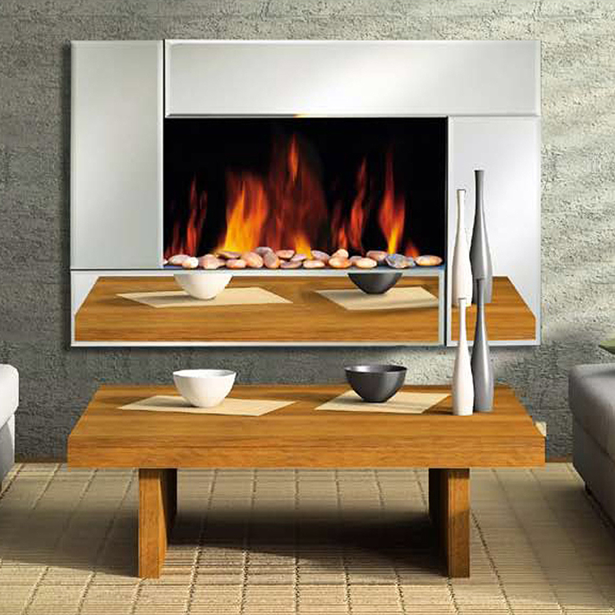 Electric Glass Wall Fire Fireplace Mirror Mounted Designer Flicker