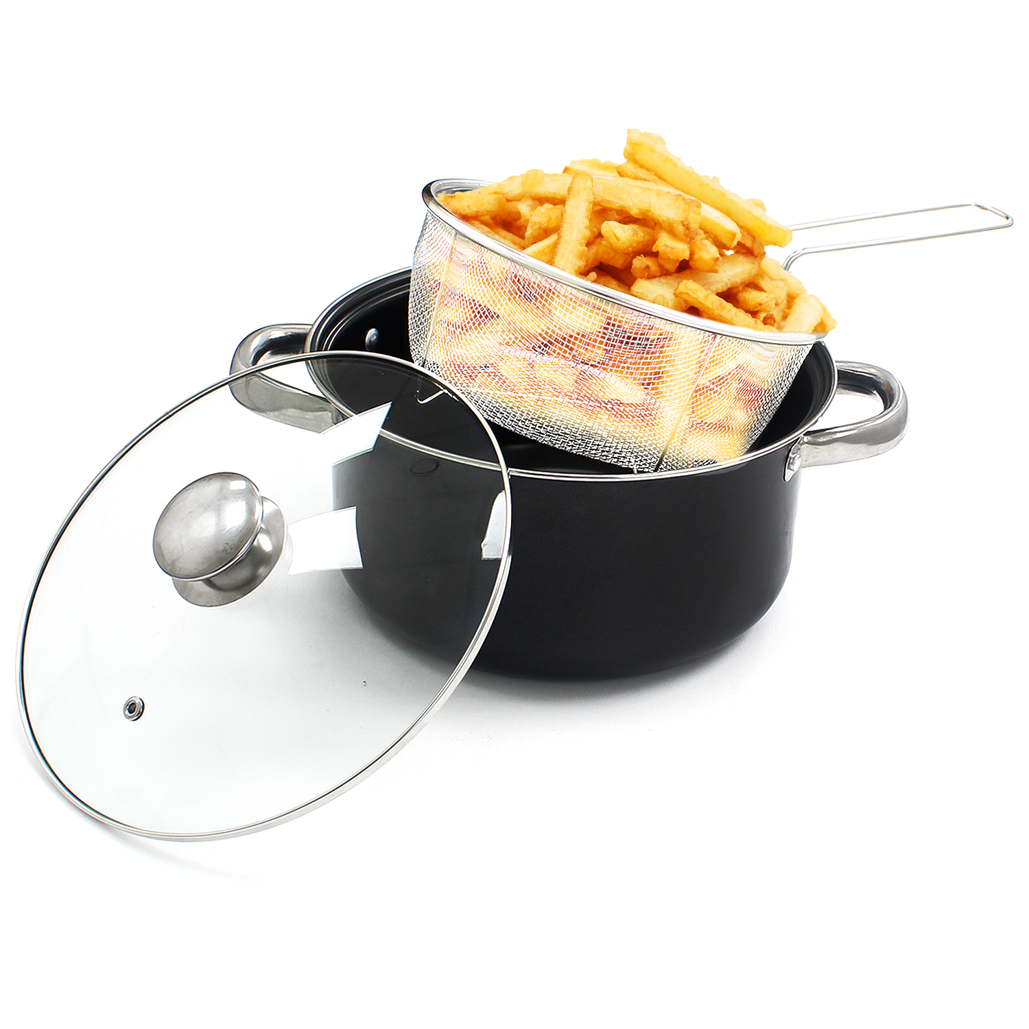 Black Chip Pan 4in1 Stove Deep Fat Fry Fryer Stew Frying Basket Glass