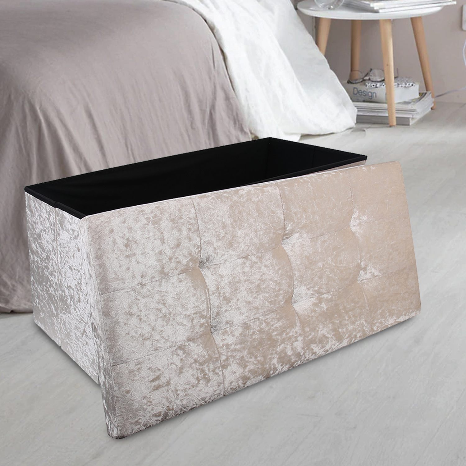 Large 2 Seater Crushed Velvet Foldable Ottoman Storage Box Double Bed