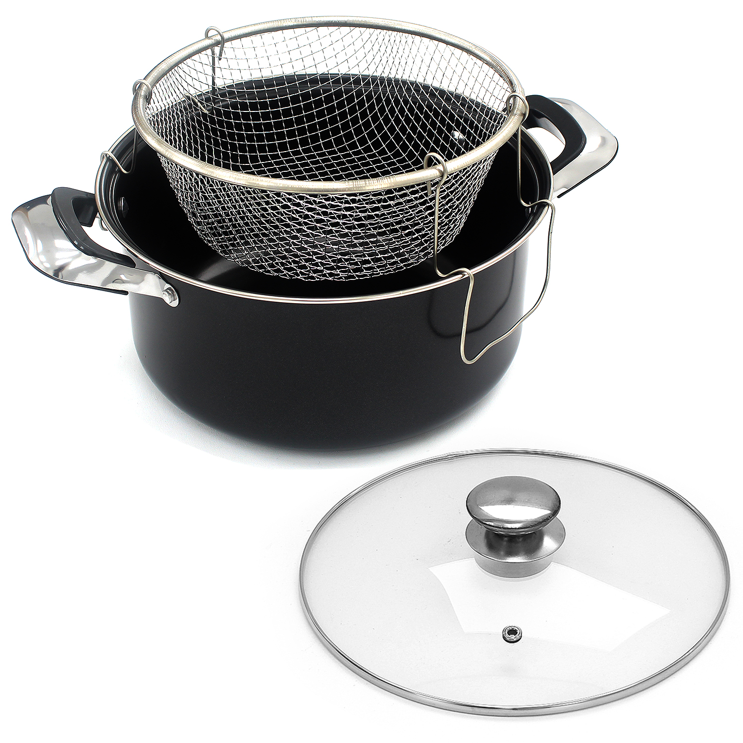 24cm Deep Fat Fryer Non Stick Chip Pan Casserole Pot Fry Frying Basket