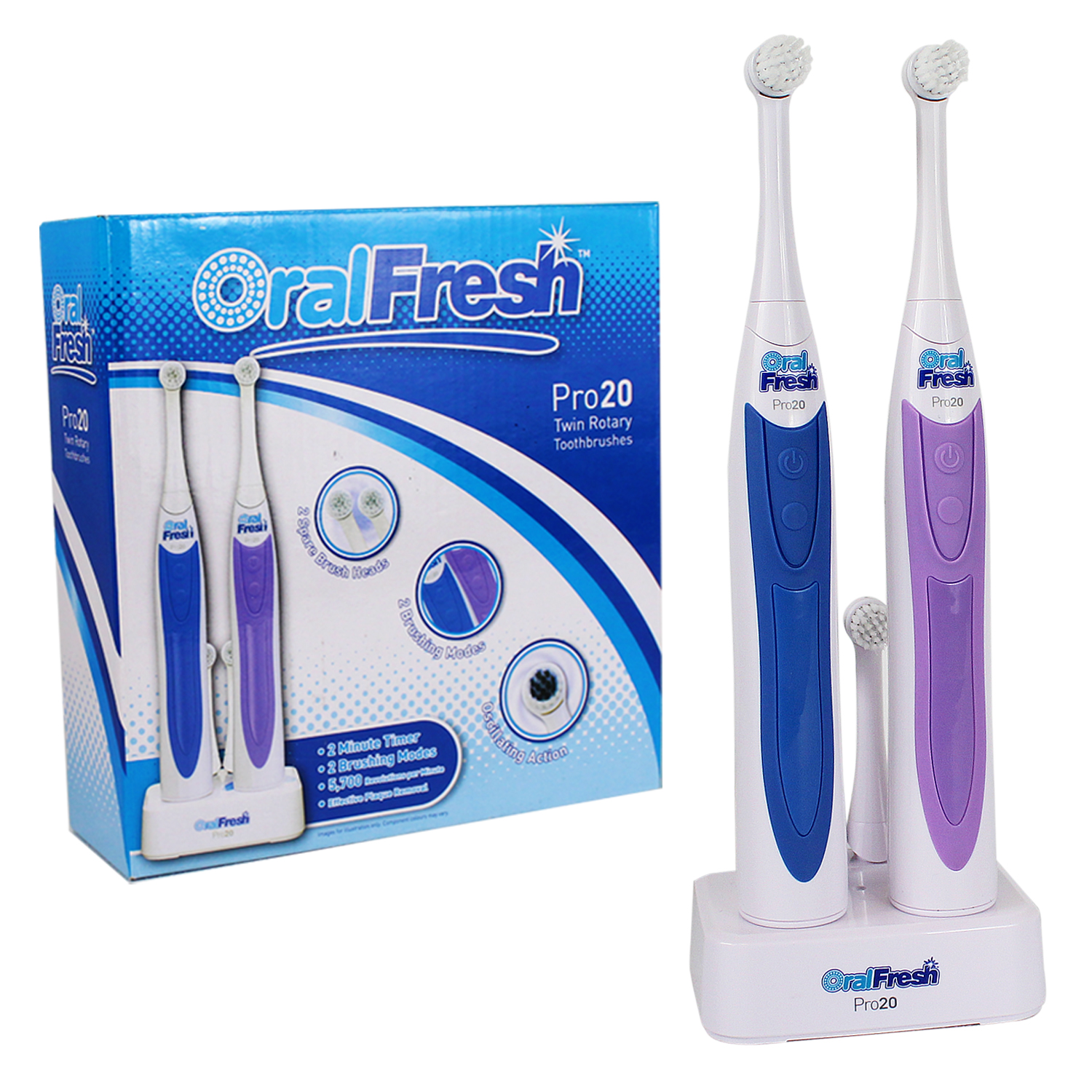 Set of 2 Electric Toothbrush Oral Fresh Pro20 Twin Pack Rotary Head