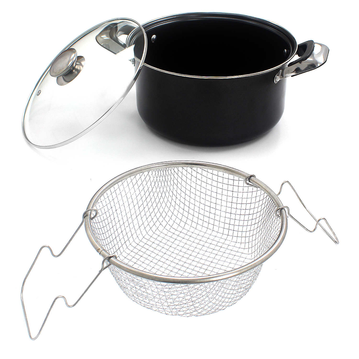 Chip Pan 24cm Deep Fat Fryer Non Stick Casserole Pot Fry Glass Lid Frying Basket eBay