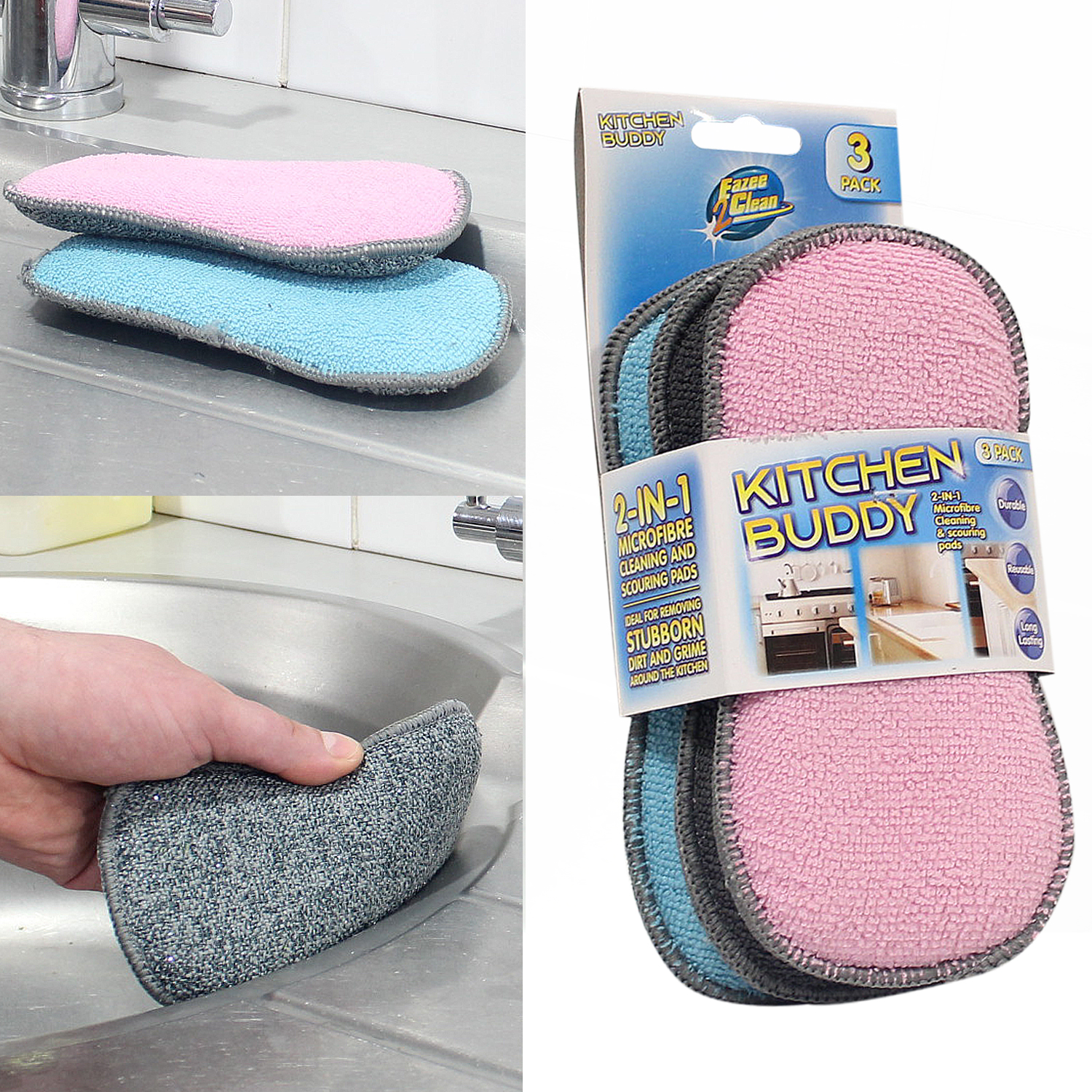 2in1 Microfibre Cleaning Cloth Scouring Pads Pack of 3 Kitchen Buddy