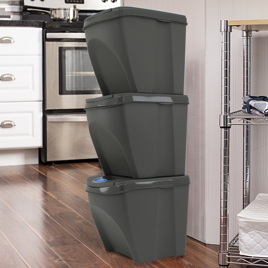 3 x 25L Recycle Bins Food Stackable Waste Recycling Kitchen Garden