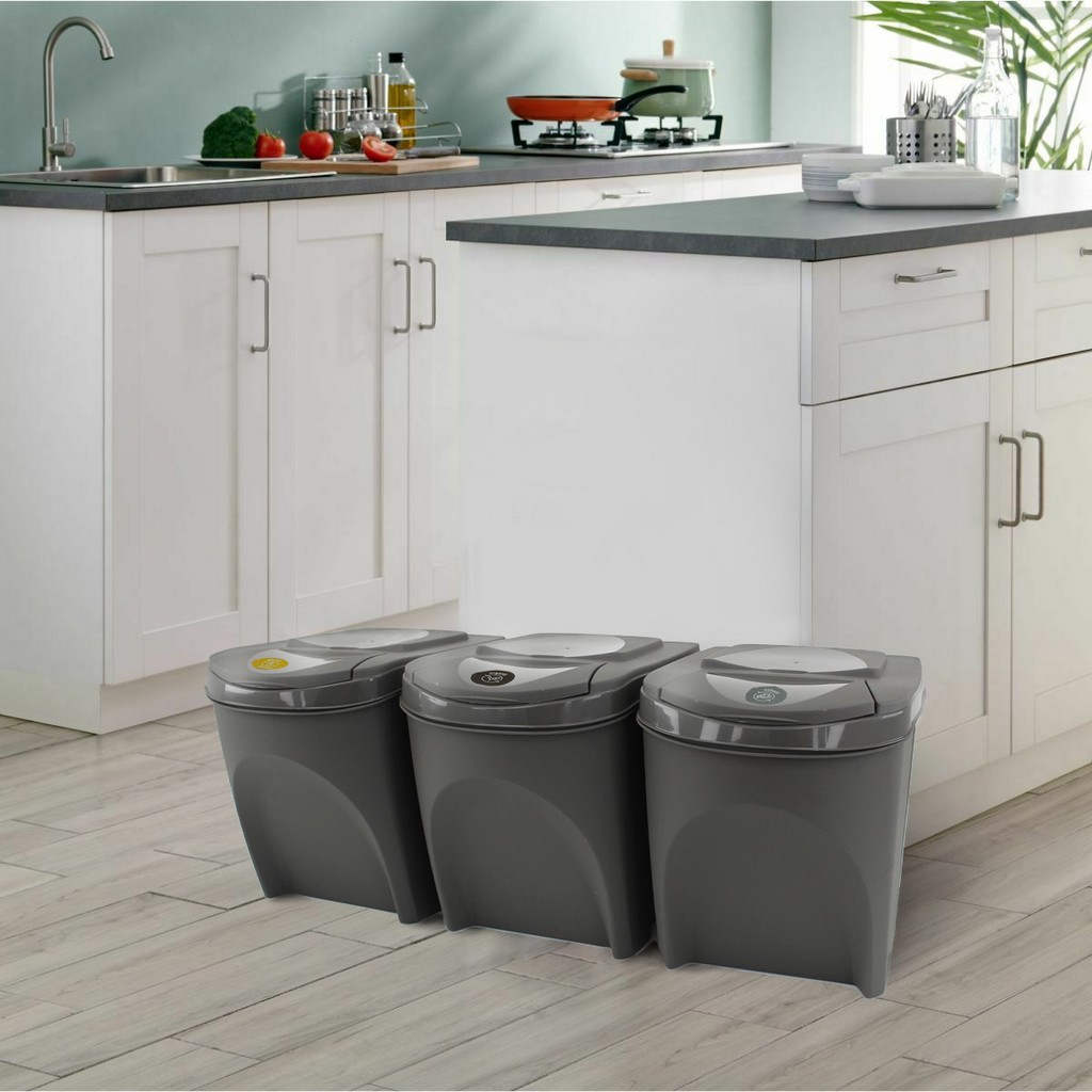 Stackable Recycle Bins 25L x 3 Food Waste Recycling Lids Dustbin