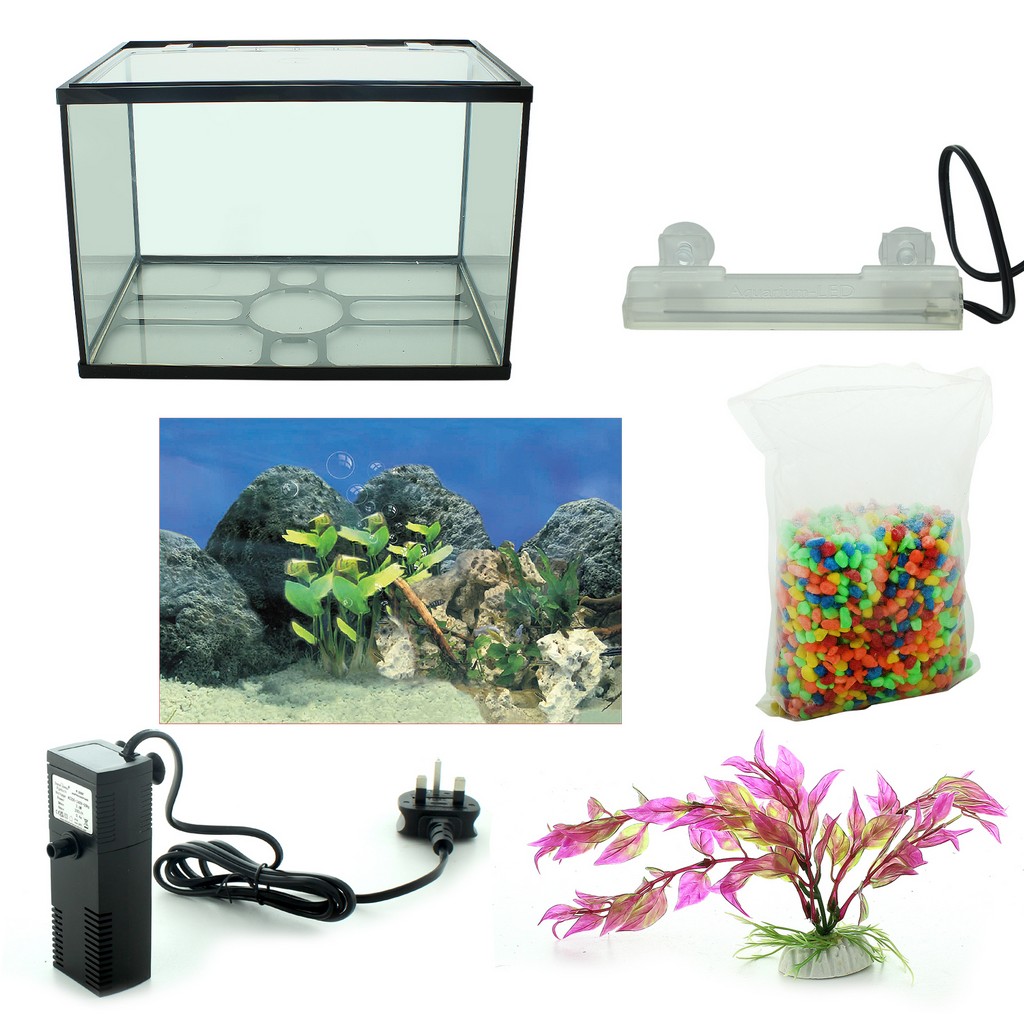 18L 26L Aquarium Fish Tank Kit Glass Starter Set LED Light Net Air Pump