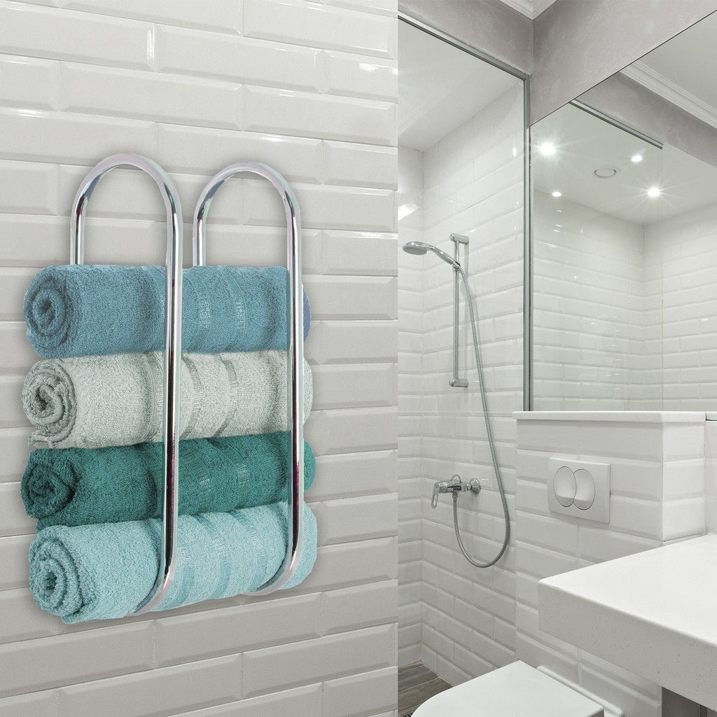 Wall Mounted Chrome Towel Holder Shelf Bathroom Storage Metal Rail Bath